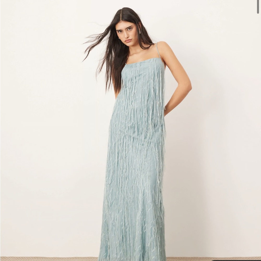 ARRANGE satin fringe bias maxi dress